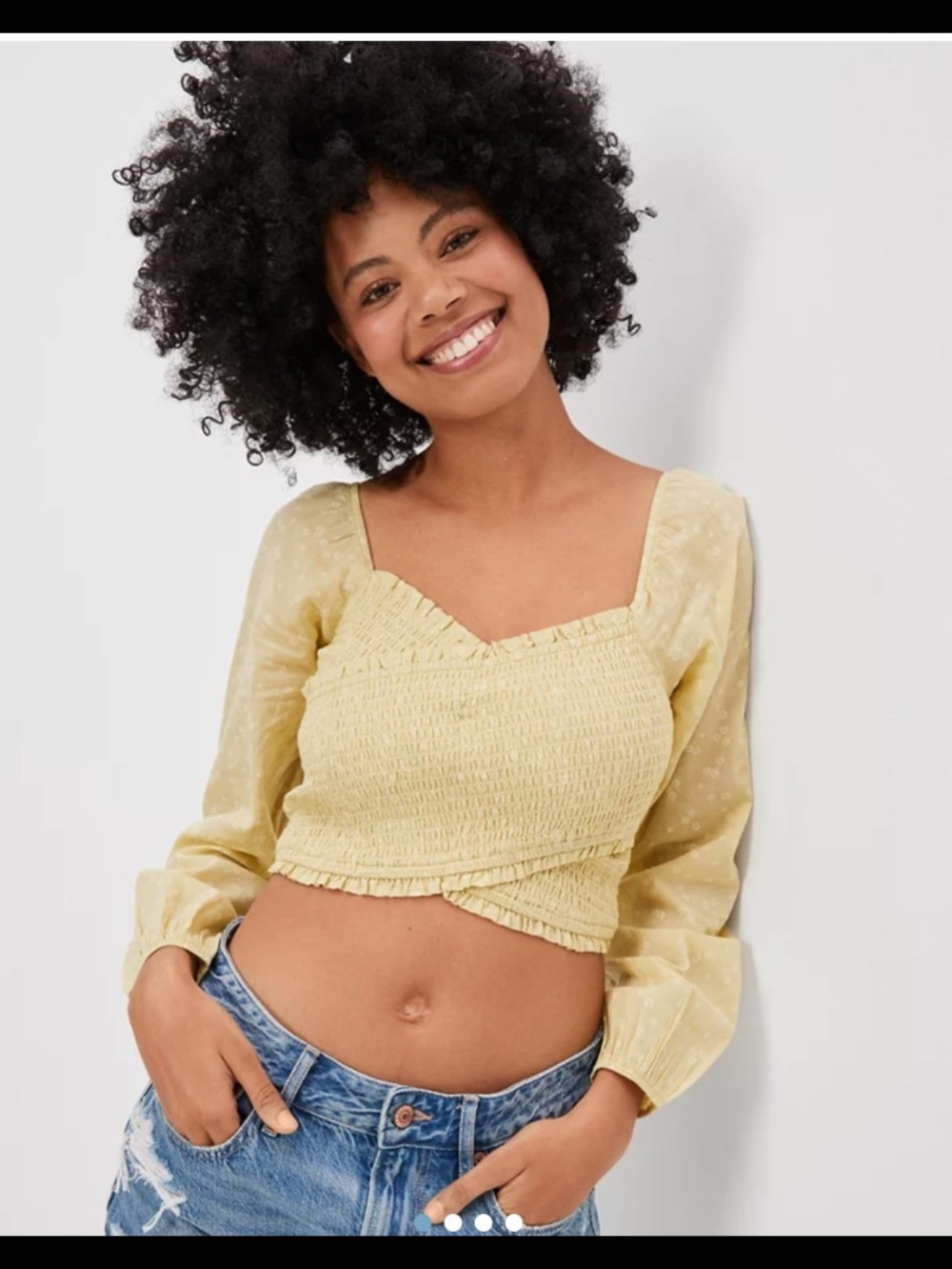American Eagle Outfitters Pale Green Smocked Sweetheart  Puff Sleeve Crop Top